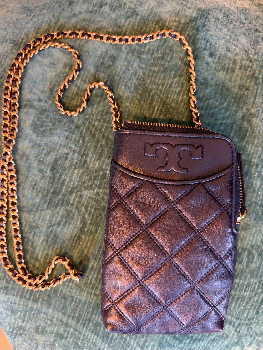 Tory Burch Navy Blue Quilted Leather Chain Crossbody Pouch with Gold Chain